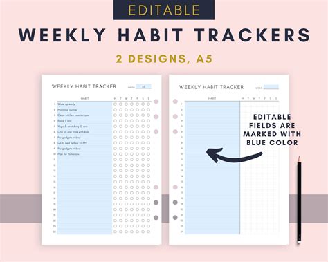 Editable Habit Tracker A5 Weekly Habit Tracker Goal Tracker Habit