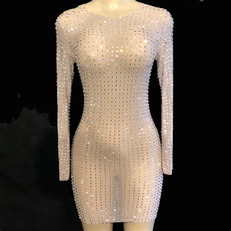 Sparkly Crystals Sexy Dress Women Evening Party Perspective Luxurious