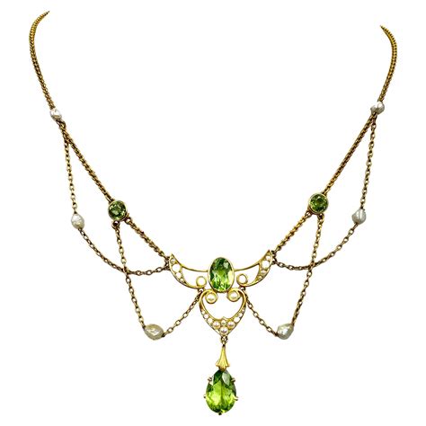 Art Nouveau Gold Peridot And Aquamarine Necklace At 1stDibs