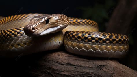 Fundo Cobra Preta E Amarela Sentada Em Um Pedaço De Casca Fundo Fotos