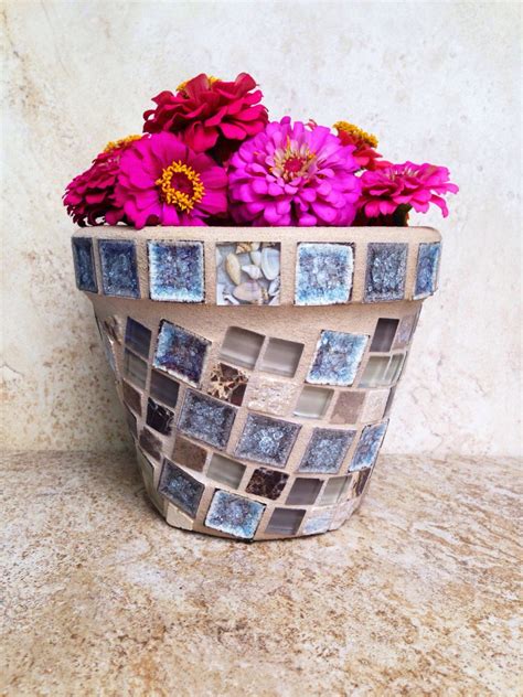 Mosaic Planter Flower Pot Outdoor Glass Pot Indoor Herb Etsy Mosaic