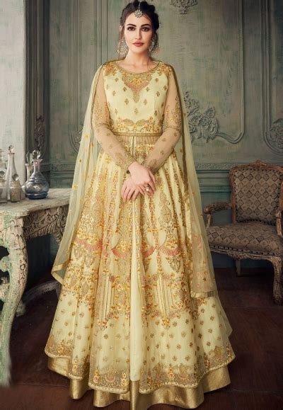 Cream Heavy Net Embroidered Lehenga Style Anarkali Suit