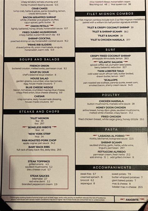 Online Menu Of William B S Steakhouse Restaurant East Peoria Illinois