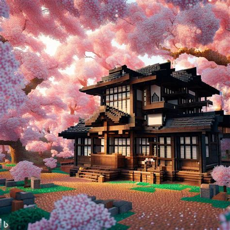 Japanese house made out of dark wood in cherry blossom forest in the ...