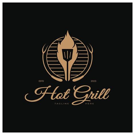 Premium Vector Simple Barbecue Vintage Hot Grill With Crossed Flames And Spatula For