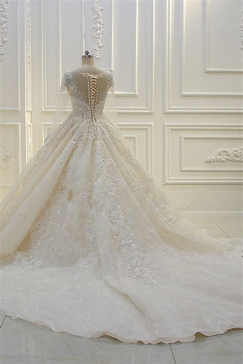 Daisda Bateau Long Sleeves Beading Ball Gown Wedding Dress With