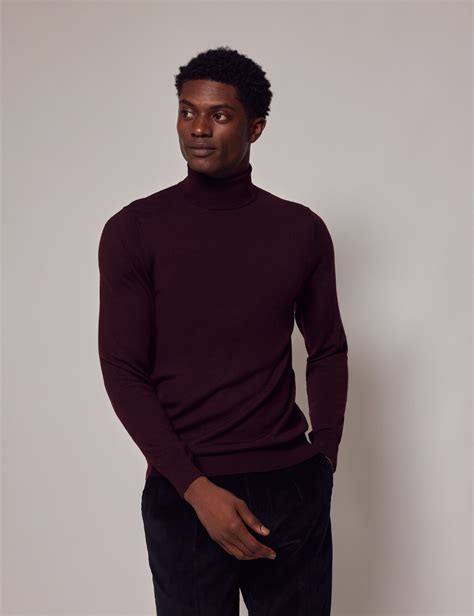 Men S Claret Roll Neck Merino Wool Slim Jumper