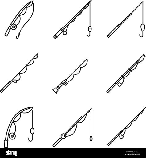 modern fishing rod icons set outline set  modern fishing rod vector