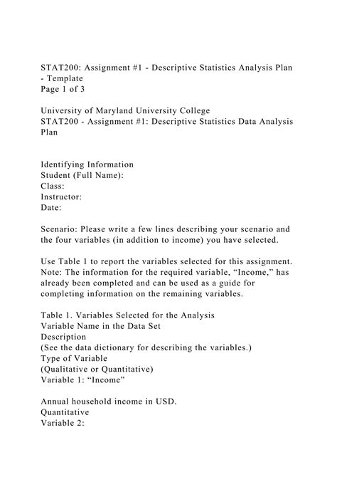 STAT200 Assignment 1 Descriptive Statistics Analysis Plan Te Docx