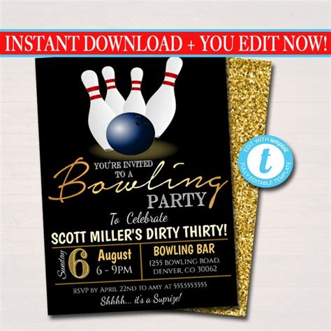 Editable Adult Bowling Party Invitation Birthday Invitation Diy Digital Invite Bowling Party