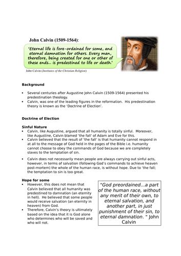 John Calvin Predestination Election WJEC A2 Ethics | Teaching Resources