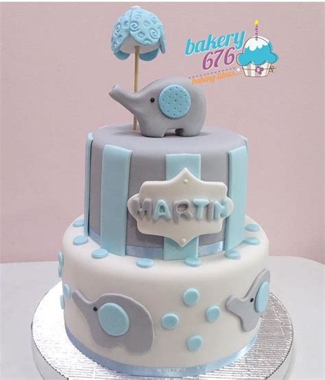 Blue and White Elephant Baby Shower Cake