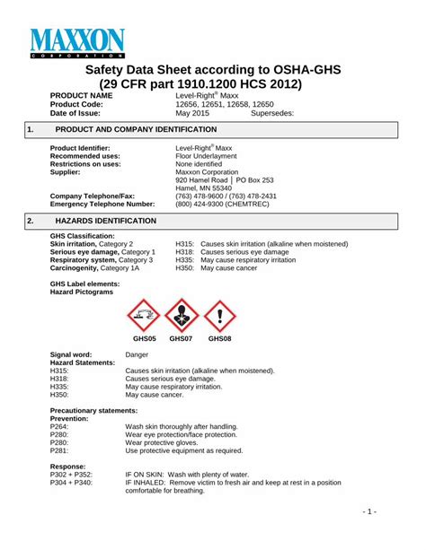 PDF Safety Data Sheet According To OSHA GHS 29 CFR Part 1910 1200