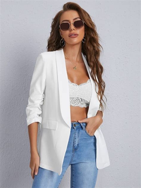 SHEIN Shawl Collar Gathered Sleeve Flap Detail Blazer In 2023