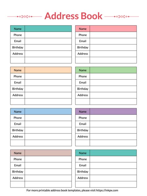 Printable Colorful Table Style Address Book Template · Inkpx