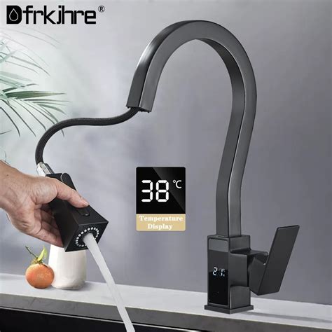 Digital Display Kitchen Faucet Black Four Function Single Handle Pull