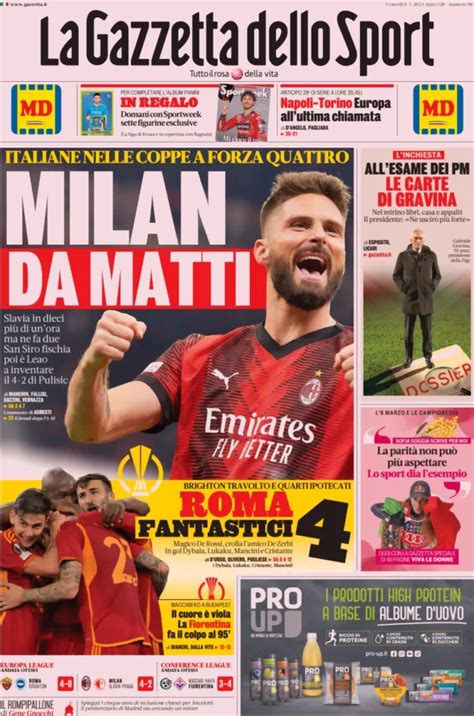 Milan Le Prime Pagine Dei Quotidiani Sportivi Di Oggi Marzo