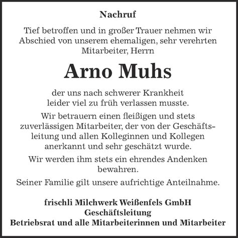 Traueranzeigen Von Arno Muhs Abschied Nehmen De