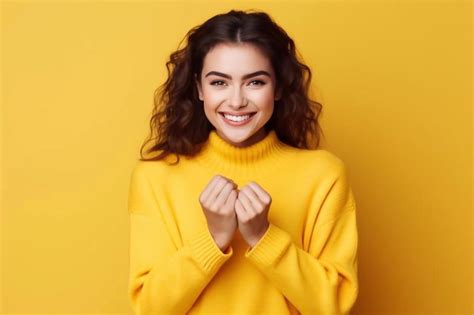 Premium Photo Smiling Young Girl In Yellow Sweater Showing Heart With Two Hands Love Sign