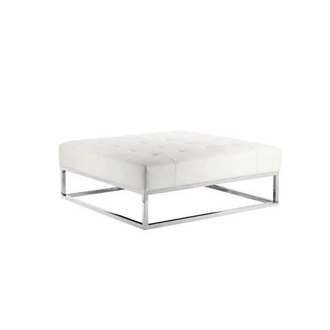 Benjara White And Chrome Faux Leather Square Accent Ottoman Bm