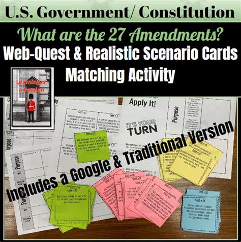 Web Quest Realistic Scenario Cards US Constitution 27 Amendments By