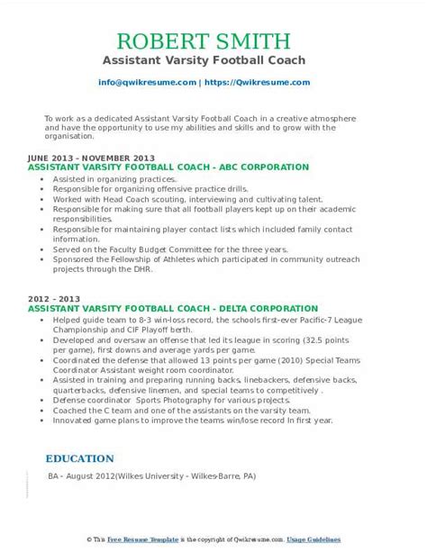 Assistant Varsity Football Coach Resume Samples Qwikresume