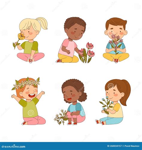 Cute Children With Flowers Set Happy Kids Sitting And Smelling