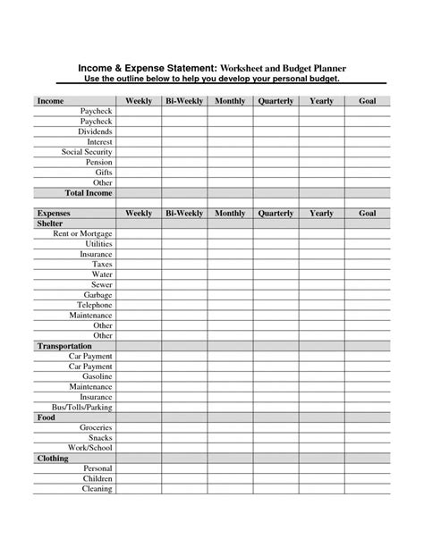 Income And Expense Worksheet