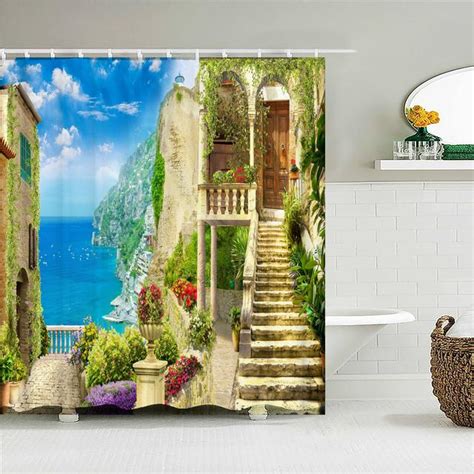 Cheap Home Wall Decor Shower Curtain 3d European Building Garden Flowers Patio Landscape