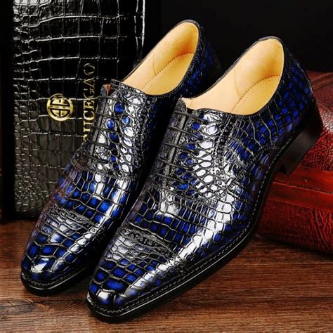 Mens Alligator Leather Cap Toe Lace Up Oxford Dress Shoes