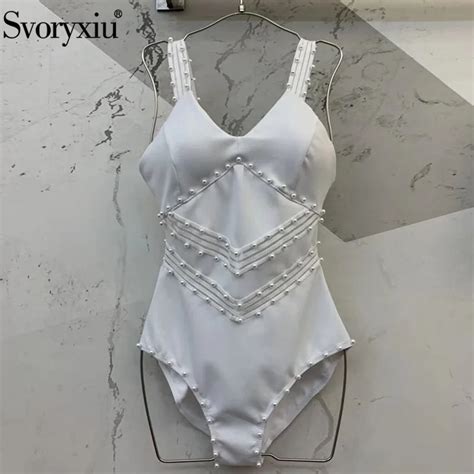 Svoryxiu White One Piece Bodysuit Womens Fashion Beading Hollow Out