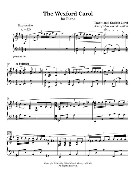 The Wexford Carol Arr Brenda Dillon Sheet Music Traditional English Carol Piano Solo