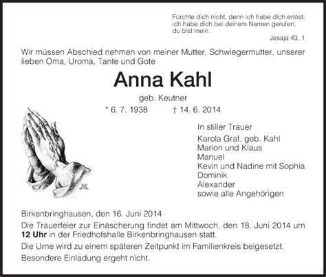 Traueranzeigen Von Anna Kahl Trauer HNA De