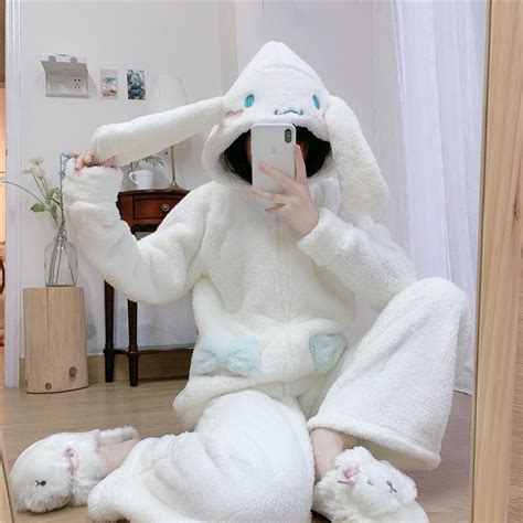 Free Shipping Cinnamoroll Long Ears Plush Fleece Warm Pajama Set From