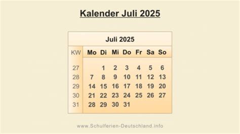 Kalender Juli 2025