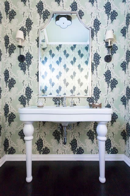 Colorful Powder Room With Floral Wallpaper Traditional Cloakroom