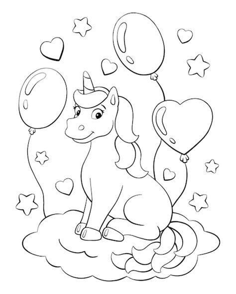 Premium Vector T Color Greeting Card The Unicorn Sits On A Cloud With Balloons Coloring