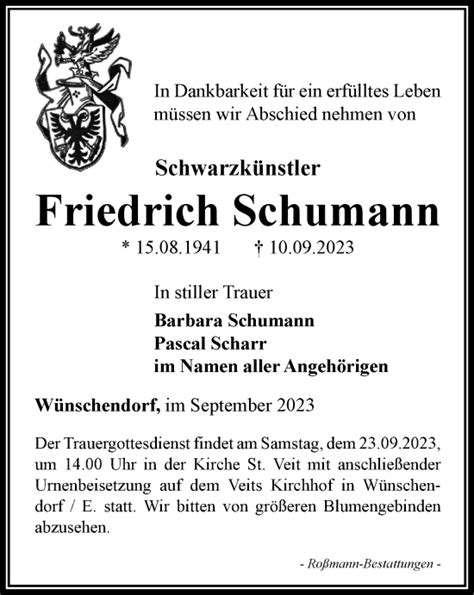 Traueranzeigen Von Friedrich Schumann Trauer In Thueringen De