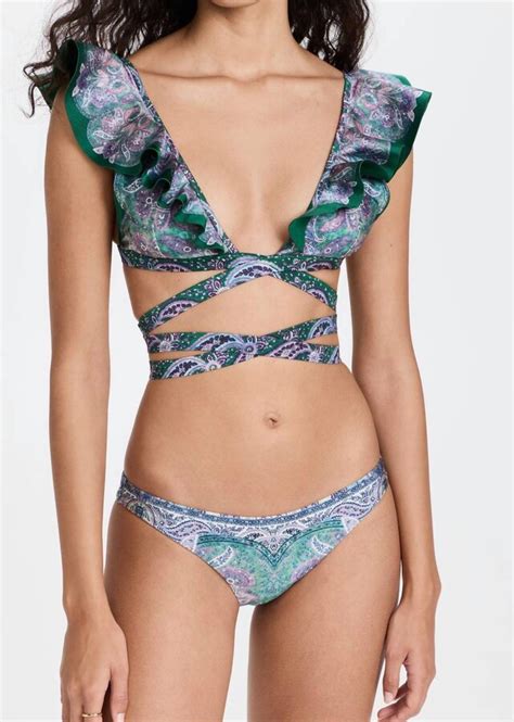 Zimmermann Anneke Wrap Ruffle Bikini In Teal Paisley ShopStyle Two