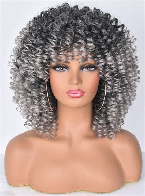 Short Curly Wig With Bnags For Black Women Ombre Grey Kinky Etsy