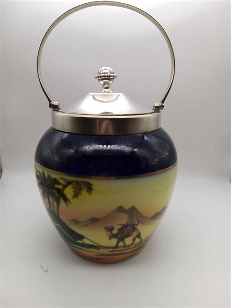 1930s Biscuit Barrel Cookie Jar Hand Painted Desert Camel Scene With