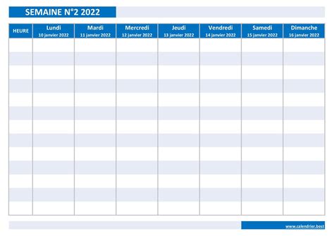 Semaine 2 2022 Dates Calendrier Et Planning Hebdomadaire à Imprimer