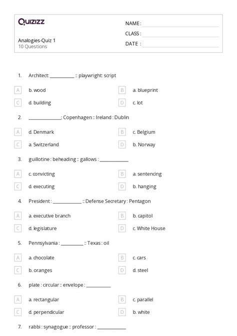 50 Analogies Worksheets For 7th Year On Quizizz Free And Printable