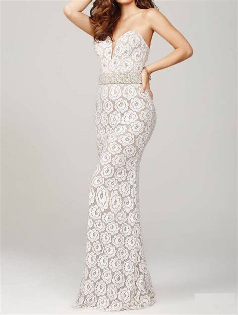 Jovani Strapless Fitted Lace Prom Dress In White Nude Shop Premium