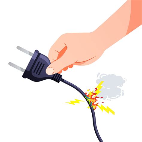 Hand holding the power cable, the power cable is damaged, causing a