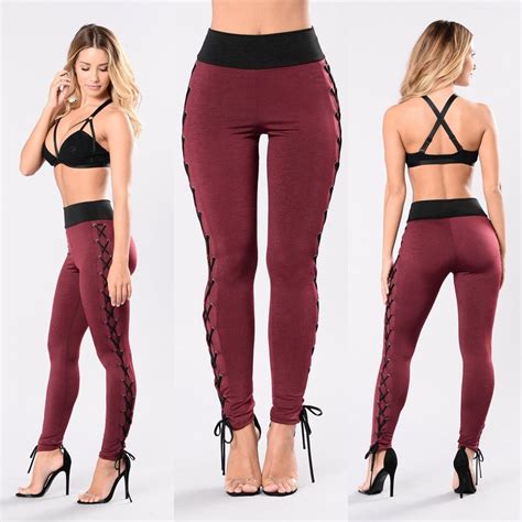 Women Lace Up Skinny Long Yoga Pants High Waist Stretch Slim Pencil