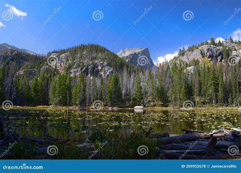 Hallett Peak Seen From Nymph Lake At Rocky Moutain National Park Stock