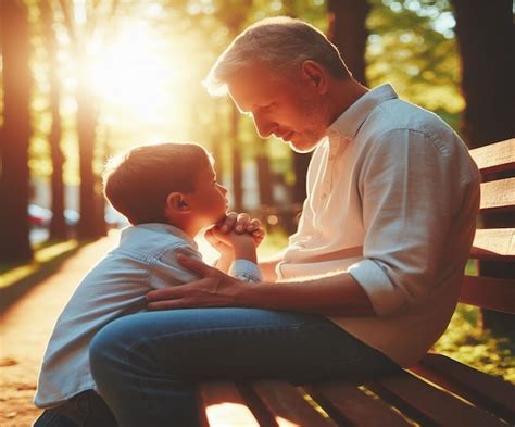 Un Padre Y Un Hijo Sentados En Un Banco En El Bosque Foto Premium