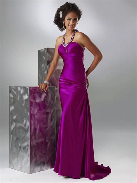 Purple V Neck And Halter Open Back Beading Sweep Train Floor Length