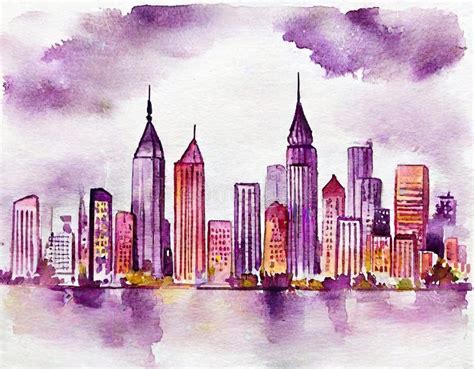 Watercolor of a Watercolor Painting of a City Skyline with a Purple ...